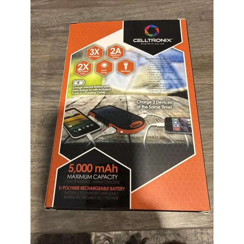Celltronix 5,000 mAh Solar/Cable Portable Charger and Flashlight - Black/Orange